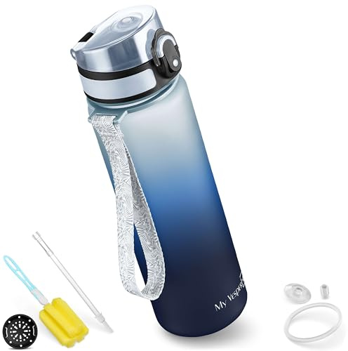 My Vesperbox – Minny - Kinder Trinkflasche auslaufsicher – 750ml – mit Strohhalm oder Sieb - BPA frei - für Kindergarten, Schule (750ml, Blauverlauf)