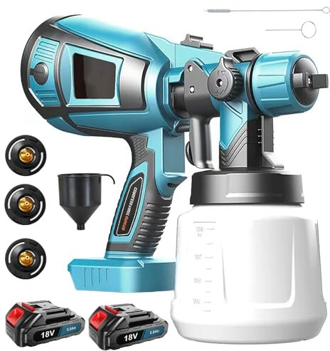Akku-Farbsprühsystem mit 2 x 3.0AH Akku, Ersatz für Makita 18V Akku, 1000ml Abnehmbarer Behälter, 3 Düsen (1.0/1.8/2.5mm) und 3 Spritzmuster, mit verstellbarem Luft