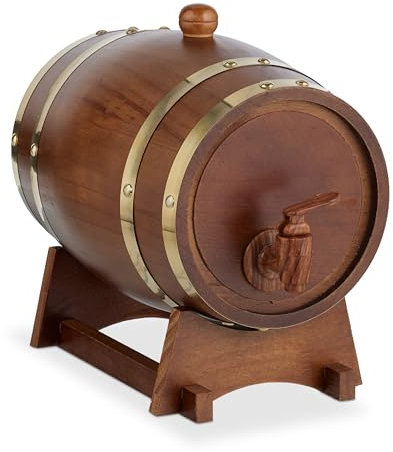 Relaxdays Holzfass klein, 2,2 l, Whiskyfass mit Bock & Zapfhahn, für Wein & Spirituosen, Deko Schnapsfass, dunkelbraun