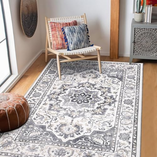 SHACOS Tapis Salon Effet Vieilli, Rétro Bohème Poil Ras Moderne Motif Tapis Descente de Llit Chambre, Antidérapant Tapis de Sol Doux pour Chambre à Coucher, Salle a Manger, Gris Foncé, 80 x 150 cm