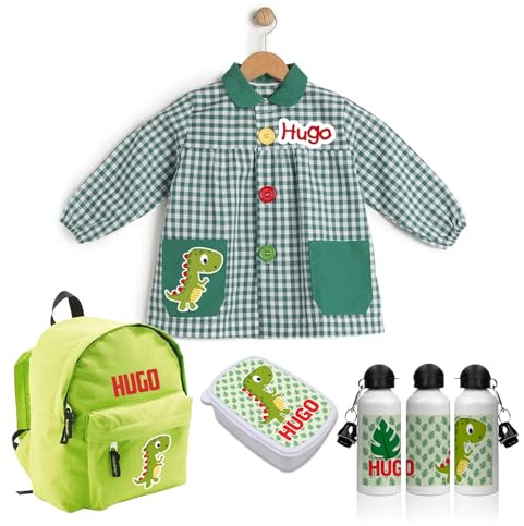 PACK VUELTA AL COLE Babi/mandilón/bata, mochila infantil, botella y fiambrera personalizada. Ideal para ir al colegio o guardería. Regalos personalizados. Diferentes modelos a elegir