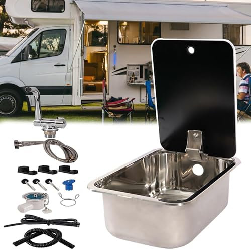 SNBGRYE CampingspüLe Mit Klapphahn Und Deckel, Kleines Wohnmobil-SpüLbecken-Set, Warm- Und Kaltwasserhahn - Auf- Und Zudrehen, Edelstahl-Waschbecken/Schneidebrett, FüR Wohnmobil, KüChe,Square