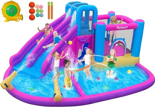 Castillo Hinchable Grande con Ventilador para niños Grandes 545 x 365 x 218 cm tobogán seco y de Agua, Adecuado para niños, Castillo Children's Bouncy para Uso Interior o Exterior Rosa