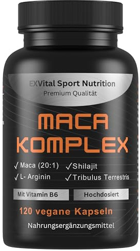 EXVital® Maca Komplex hochdosiert - Maca 20:1 Extrakt mit Tribulus terrestris, Shilajit, L-Arginin & Vitamin B6, 120 vegane Kapseln, laborgeprüft