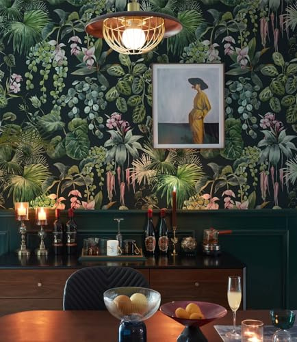 Ismoon Green Wallpaper Peel and Stick Vintage Floral Stick on Wall Paper 16.1x78.7in Moody Tropical Contact Paper Jungle Dark Botanical Leaf Removable Self Adhesive Wallpaper for Bedroom, Black/Green