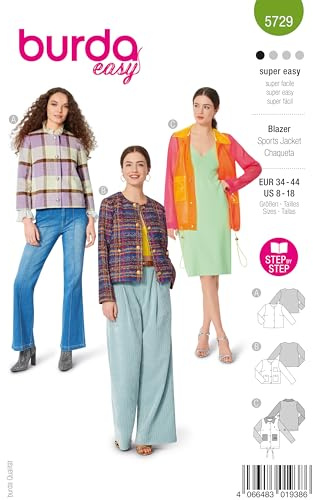 burda easy Schnittmuster Damen #5729 Blazer aus Bouclé, Flanelljacke im Grungestil und Jacke aus PVC Gr. 34-44