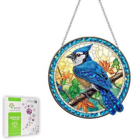 Ginfonr Diamond Painting Kits Hanging Pendant, Birds Suncatcher for Front Door, Animal Outdoor Wall Art for Mother's Day Gifts, Double Sided Hanging Kits for Garden Window (20x20 cm)