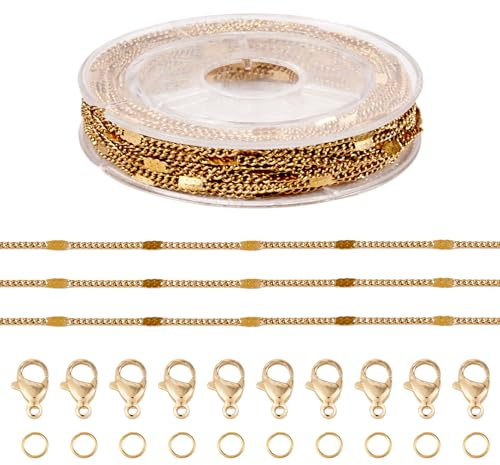 Beadthoven 5 m 304 rostfritt stål figarokedja äkta 18K guldpläterad metallkedja med spolar och hummerlås och bindringar för gör-det-själv kedjearmband halsbandstillverkning