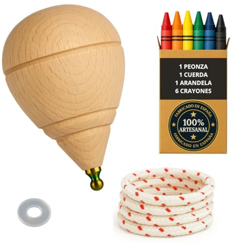 Peonza Madera para Niños Pack 1 Trompo + 6 Ceras de Colores + 1 Arandela | Hecho a Mano en España con Punta Redonda.
