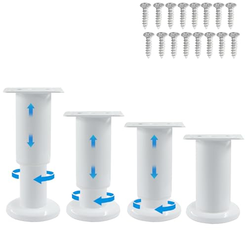 Zorfeter 4Pcs White Adjustable Height Bed Support Furniture Replacement Legs 3.15-4.72Inch with Screws, Metal Adjustable Bed Frame Legs, Heavy Duty Cabinet Legs for Bed/Sofa/Cabinet/Couch/Dresser