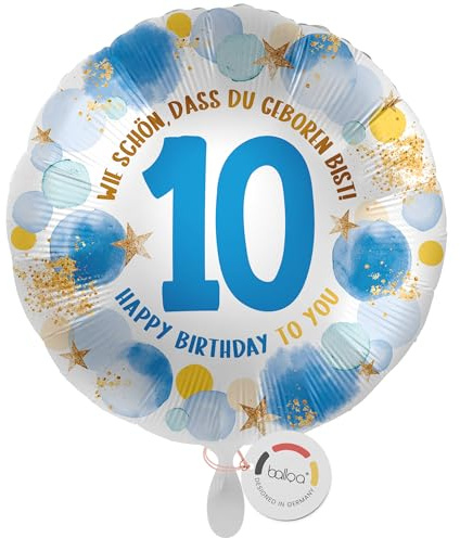 balloa Folienballon 10. Geburtstag Junge, Helium Ballon mit Zahl 10 und Spruch Wie schön, dass du geboren bist, Luftballon als Geschenk oder Geburtstagsdeko für Kindergeburtstag Jungen, 33cm