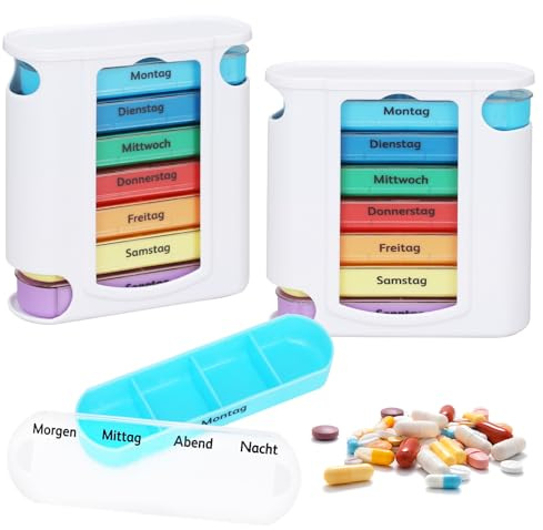 Medikamentenbox 7 Tage 4 Fächer - 2 Stück Große Pillendose Wochendispenser | Ideal für Unterwegs für Medikamente, Nahrungsergänzungsmittel und Vitamine
