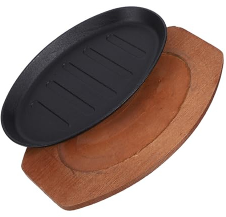 ABOOFAN Plaque De Grill à Steak Fonte Poêle à Griller Pour Barbecue Assiette à Fajitas Avec Plateau Bois