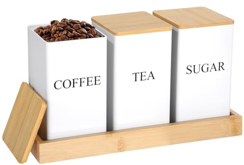 YOFAPA White 3-Piece Canister Set with Tray, Iron Tea, Coffee, Sugar Containers with Wooden Lids, Sealed Storage for Snacks, Coffee Beans, Kitchen Organization