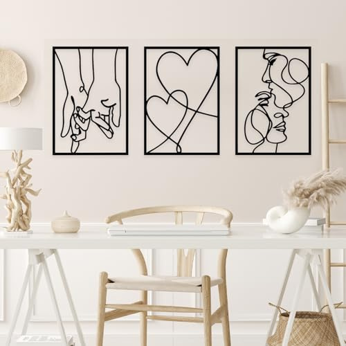 3 Stück Metallbilder Wanddeko, 28×40cm Minimalistische Metall Wanddeko Schwarz, Wandbilder Metall, Moderne Linienkunst Wanddekoration, Liebhaber, Kuss, Hand, für Schlafzimmer Wohnzimmer Küche Korridor