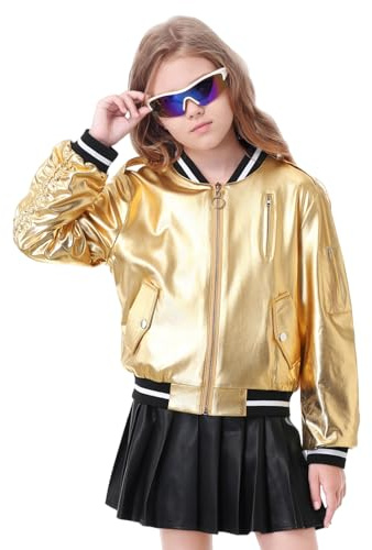 LOLANTA Girls Gold Bomber Jacket, Sparkly Shiny Metallic Cropped Zip Up Coat with Pockets, Lightweight Outerwear for Kids(Gold, 6-7 Years, Tag 130)