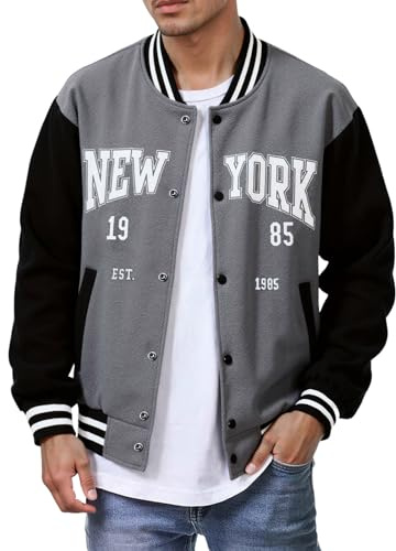 Celanisai Giacca da baseball da uomo college Sweat Jakce con ricamo New York, giacca bomber da uomo, slim fit, giacca da pilota, casual, alla moda, stile retrò, streetwear, O grigio scuro, S