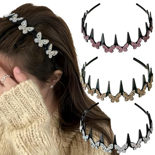 3 Stück Zickzack Haarreifen Schmetterling Strass Damen Gewellte Haarband Haifischzahn Haarkamm Stirnband Elegant Kopfband für Frauen Mädchen