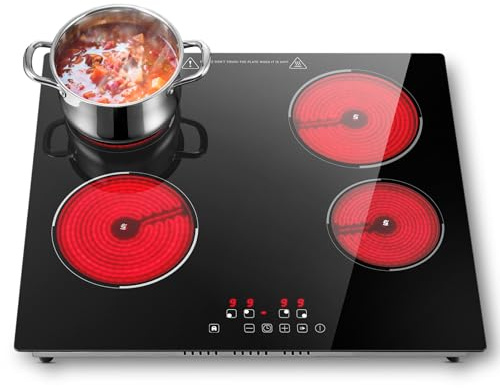 SNDOAS Placa Vitrocerámica 4 Fuegos Empotrable 59cm - Placa de Cocina Eléctrica 4 Zonas 6000W, Apagado Automático, 9 Niveles, Control Táctil, Cableado Fijo, Compatible con Todas las Ollas