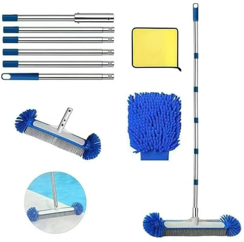 Poolbürste mit Teleskopstange 230cm, Pool Reinigung Bürste 45cm, Poolbesen mit Längenverstellbarer Edelstahlstange, Pool Bürsten Set, Pool Cleaning Brush, für Pool Reinigung