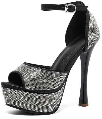 VSGNISMGT Women'S Rhinestones Platform Stiletto Prom Sandals with Ankle Buckle Sexy Fish Mouth Peep Toe 5.51in Sky High Heels Dress Pumps For Evening Weddings Bridal Pole Dancing (Black,8)