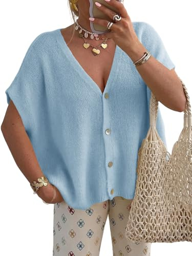 Saodimallsu - Cardigan da donna a manica corta, scollo a V, oversize, con maniche a pipistrello, gilet estivo, tinta unita, leggero, con abbottonatura, top in maglia, Azzurro, XL