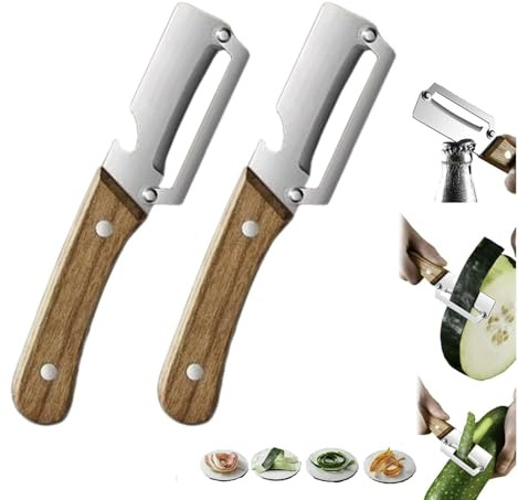2 piezas Pelador verduras multifuncional, pelador de alimentos de acero inoxidable con mango de madera y abridor de botellas, herramienta de pelado de cocina, para caña de azúcar, patatas, calabaza