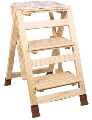 Taburete de doble propósito, escalera multifuncional, taburete multifuncional de madera de 3 peldaños, escalera plegable con asiento acolchado, escalera interior que ahorra espacio para tareas