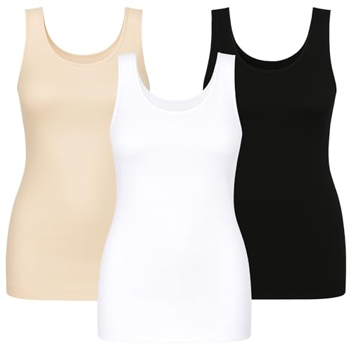 Osynlig BH 3-pack formande damundertröjor lång tröja | basic välbefinnande mikrofiber damtopp utan bygel | magkontroll toppar undertröja kvinnor vit svart beige, Svart, vit, beige, M-L