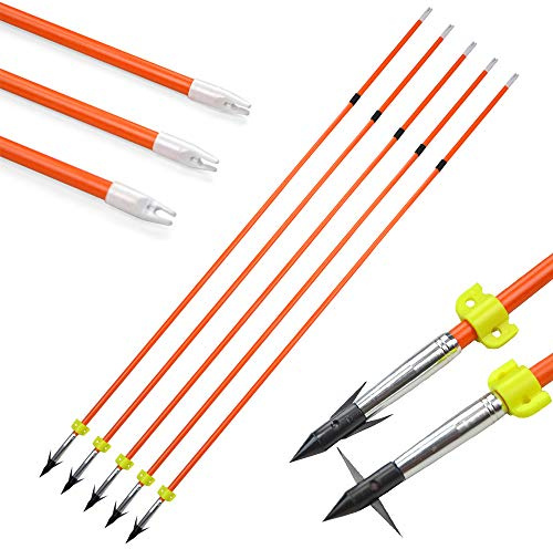 SHARROW Bogenschießen Angeln Pfeile Fiberglas Bowfishing Pfeile mit Broadhead Sicherheit Slide Fiberglaspfeil Barb Fisch Angeln Jagd Pfeile für Compoundbogen Recurve Bogen Armbrust (6)