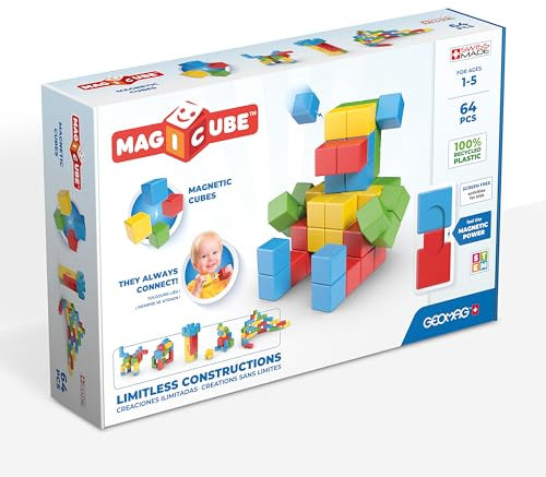Geomag - Magicube 1+ Full Color - Magnetische Würfel für Kinder - 4 Farben - 64 Blöcke - 1-5 Jahre - 100% Recyceltes Plastik