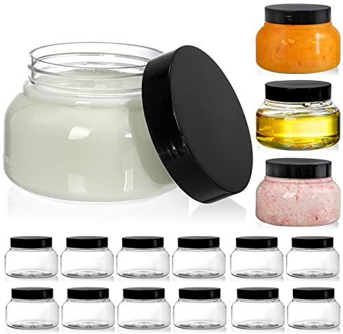 Yarlung 16 Pack 8 Oz Plastic Jars with Lids, Clear Body Scrub Containers Empty Refillable Containers Round Low Profile Samples Jars for Makeup, Body Butter, Creams, Slime, Travel Storage