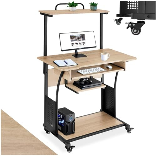 tectake® Scrivania, Tavolo in stile Industriale, Inserto per Tastiera, Scrivania gaming, Quattro ruote girevoli, struttura in acciaio verniciato - 80x65,5x130,5 cm - Legno chiaro industriale