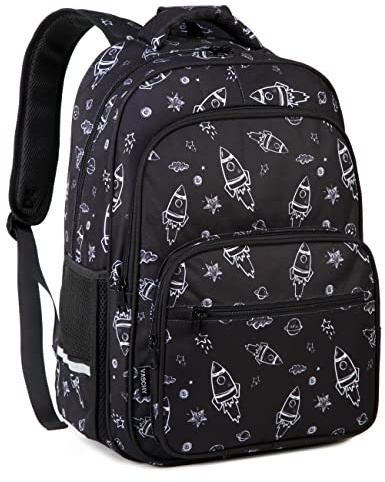 VASCHY Kids Backpack Girls Boys Cute 16 Inch Primary School Backpack with Chest Strap Buckle and Multiple Compartments, Black Space, Daypacks