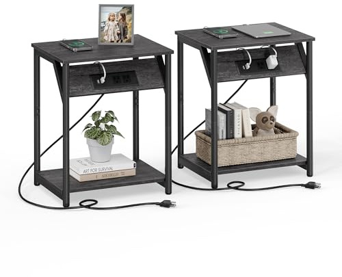 VASAGLE End Table with Charging Station, Set of 2, Small Side Tables for Living Room, Bedroom, Nightstand with Outlets and USB Ports, Bedside Table with Storage Shelf, Misty Gray and Black