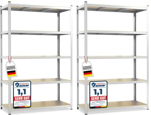 KARAT Lakota – Set di 2 scaffali robusti per carichi pesanti – Scaffali a incastro con 5 ripiani regolabili – Scaffalature in metallo ideali per cantina o garage – Zincato, 150 x 75 x 30 cm