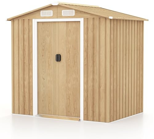COSTWAY 8.5x6.5FT/6.5x4.5 Metal Storage Shed, Outdoor Galvanized Tool House with Floor Base, Lockable Doors, Air Vents, Ramp and Gloves - Weatherproof Garden Building (6.5x4.5, No Base)