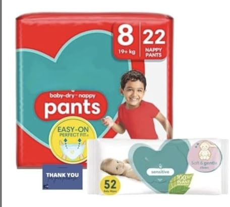 Bundle for Growing Toddlers Consists of Pampers Baby Dry Nappy Pants Size 8 x22 with Pampers Sensitive Baby Wipes x52