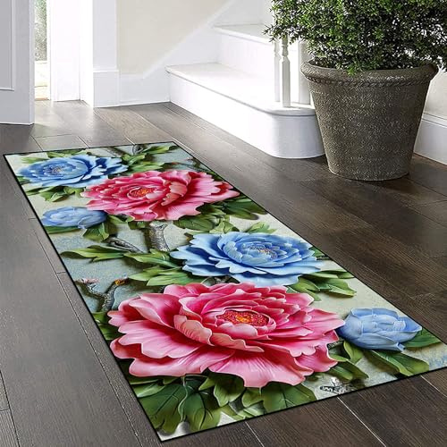 Yinghesheng Tappeto Corridoio Antiscivolo Lavabile 5 metri Rosa Blu Motivo Floreale 3D Tappeto Passatoia Tappeti Runner per Tappeto Runner Lungo Tappeto per Cucina,Camera，100x500cm