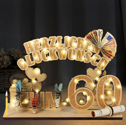 60. Geburtstag Geldgeschenke, 60 Geburtstag Mann und Frau Holz mit LED Lichterkette, Geschenke zum 60 Geburtstag Frau Mann, 60. Geburtstag Dekoration Gästebuch, DIY Geschenkideen für Familie Freunde