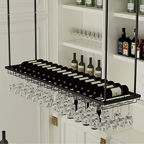 MHanging - Estante de vino para techo, elegante soporte de metal para copas de vino en varios tamaños, elegante organizador de botellas de vino y copas de vino negro montado en la pared (100 x 27 x 8