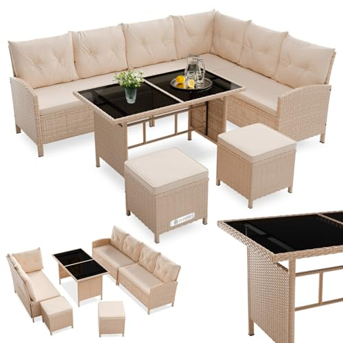 Juskys® Polyrattan Lounge Manacor mit Ecksofa, Esstisch, 2 Hocker & Kissen - Creme/Sand - wetterfest bis 7 Personen - Bezüge waschbar - Rattan Garten Sitzgruppe Gartenlounge Gartenmöbel Set