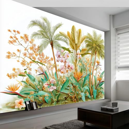 Carta da Parati Fotomurale XXL 300 x 210 cm, Bianco Poster Murale 3D in Tessuto Non Tessuto per Parete TV Corridoio e Soggiorno, Decorazione Interni Impatto Acquerello Esotico Foresta Tropicale Piante