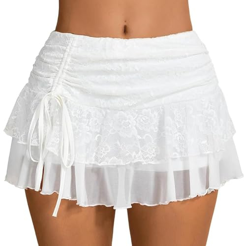 Springcmy Women Y2K Lace Ruffled Pleated Mini Skirt Lace Trim Half Slip Flowy Skort Side Drawstring Halloween Tiered Underskirt (C White, S)