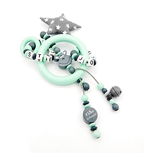 Greifling mit Namen - Kleine Schwester/Nilpferd/Stoffstern in grau/mint