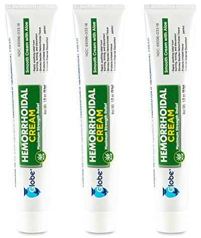 Globe (3 Pack) Hemorrhoid Cream, Relief with Aloe, (1.8 Ounce Tube) Relief from Hemorrhoids, Piles, Itching, Burning, Discomfort, & More