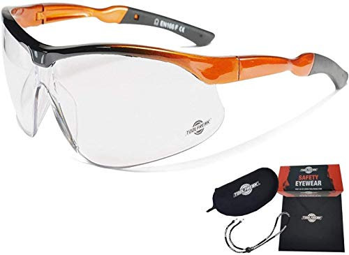ToolFreak Agent Safety Glasses with Distortion Free Clear Wraparound Lenses, EN166F Rated, Impact and UV Protection, Hard Case & Cloth, Neck Cord