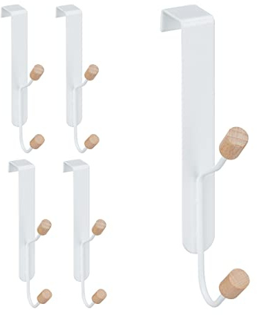 Relaxdays Uppsättning av 5 skandinaviska dubbelkrokar, järn och trä, dörrklädhängare H x B x D: 16 x 2 x 7 cm, natur, järn, vit, träfärg, 5-pack