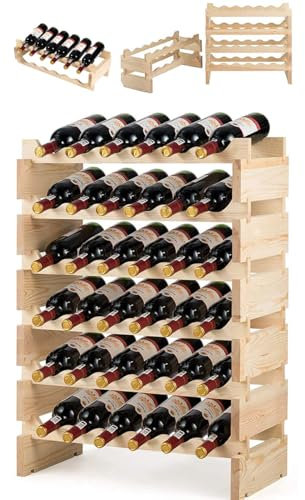 RELAX4LIFE Portabottiglie Vino per 36/72/108 Bottiglie in Legno, Cantinetta a 6/9 Livelli, Ripiani Impilabili con Montaggio a Incastro, Scaffale Salvaspazio,Vintage, per Cucina, Bar (36 Bottiglie)