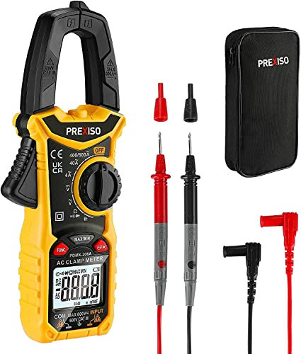 PREXISO Digital Clamp Meter, 600A AC Current, 600V AC/DC Voltage Digital Multimeter, Test for Capacitance, Continuity, Resistance and Frequency, True-RMS with LCD Backlight, 2 AAA Batteries Included